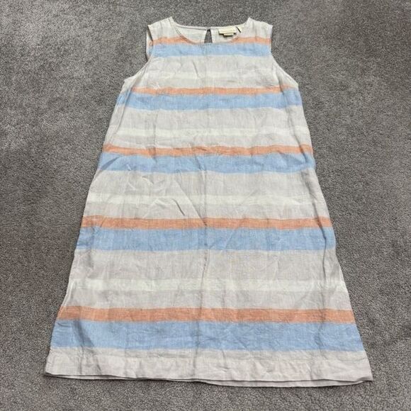 Cynthia Rowley Linen Striped Midi Shift Dress Womens 8 Blue Orange Gray Casual - Picture 1 of 13